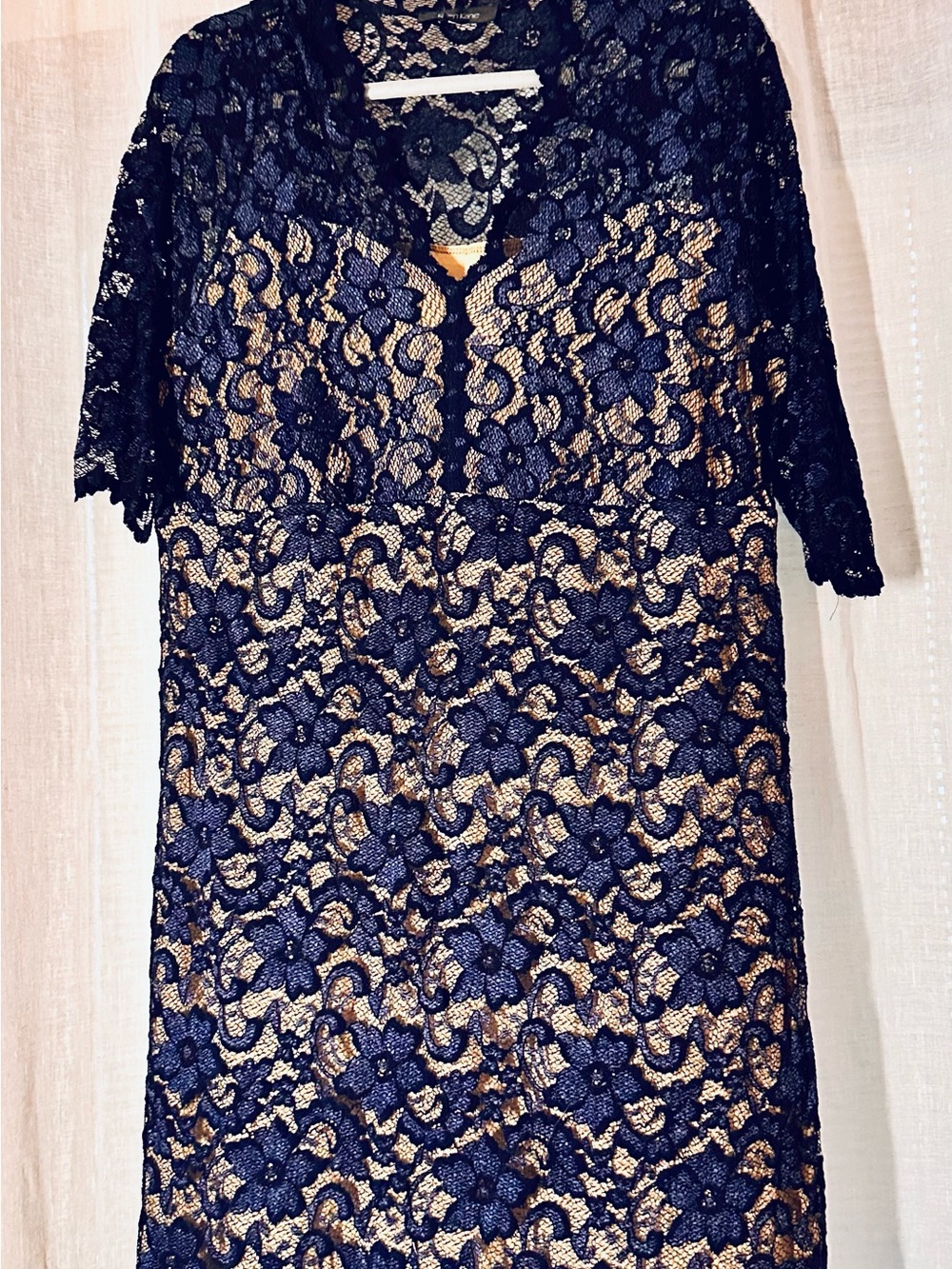 Karen Kane Navy Lace Overlay Tunic with Nude Lining